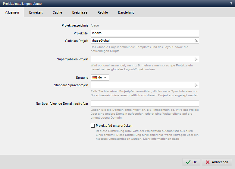 Inhaltsprojekt - Projekteinstellungen (Allgemein)