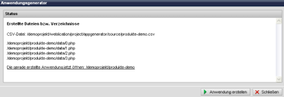 Anwendungsgenerator - Anwendung erstellt
