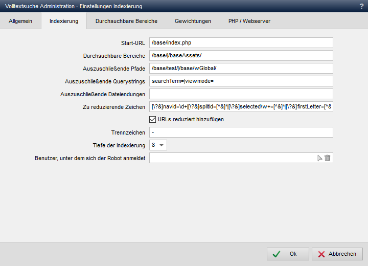 Volltextsuche - Einstellungen Indexierung (Indexierung)