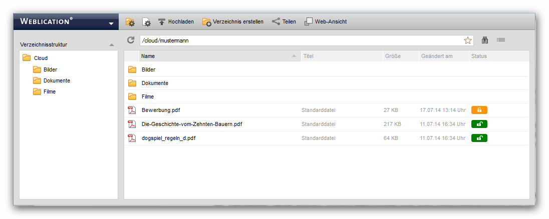 Dateiexplorer Darstellung der Weblication® Cloud