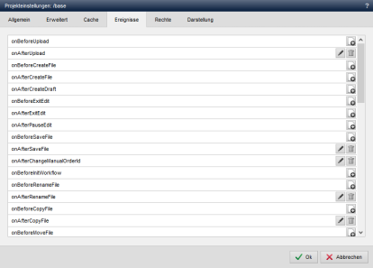 Inhaltsprojekt - Projekteinstellungen (Ereignisse)