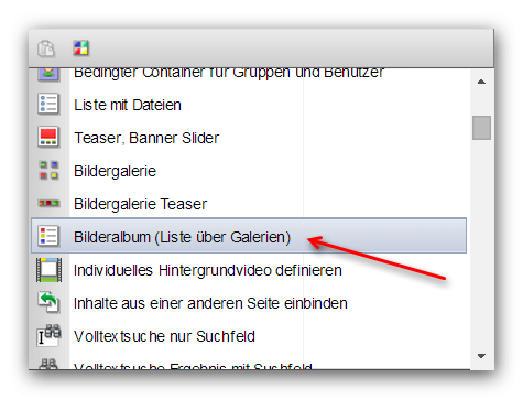 Struktureditor - Auswahl "Bilderalbum (Liste über Galerien)" Weblic®