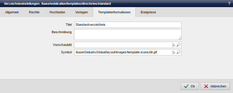 Verzeichniseinstellungen - Templateinformationen