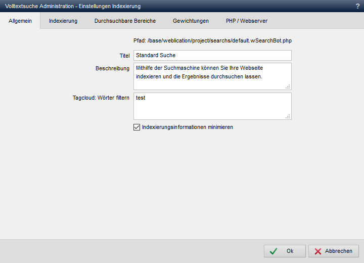 Volltextsuche - Einstellungen Indexierung (Allgemein)