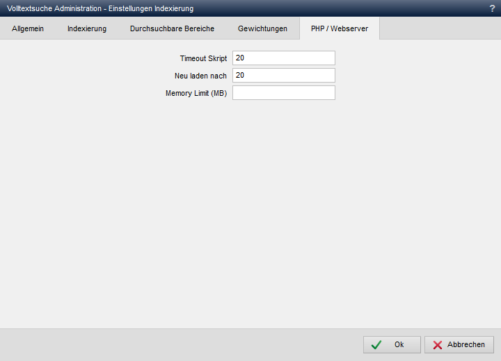 Volltextsuche - Einstellungen Indexierung (PHP / Webserver