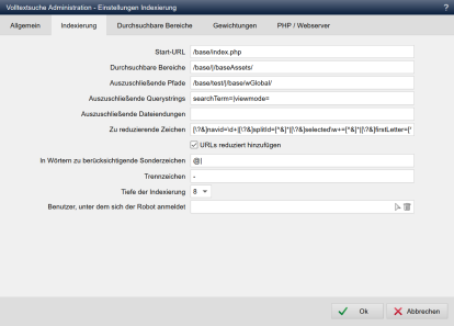Volltextsuche - Einstellungen Indexierung (Indexierung)