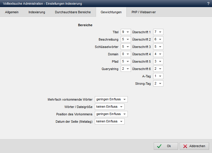 Volltextsuche - Einstellungen Indexierung (Gewichtungen)