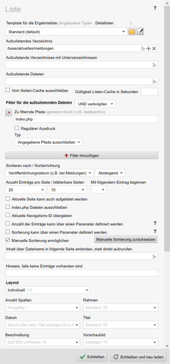 Listenoptionen eines Weblics® Dateiliste
