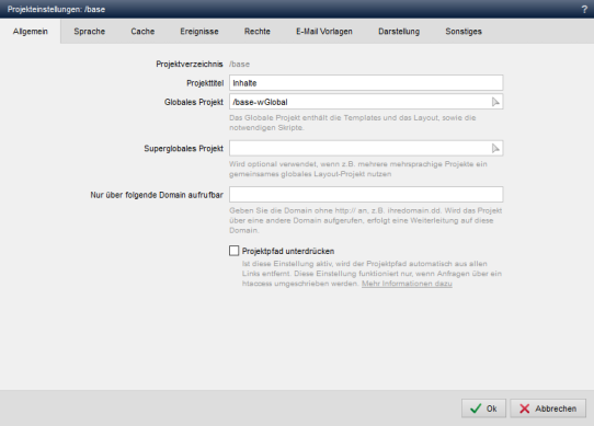 Inhaltsprojekt - Projekteinstellungen (Allgemein)