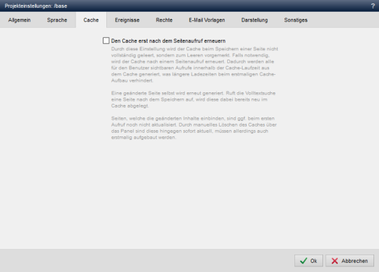 Inhaltsprojekt - Projekteinstellungen (Cache)