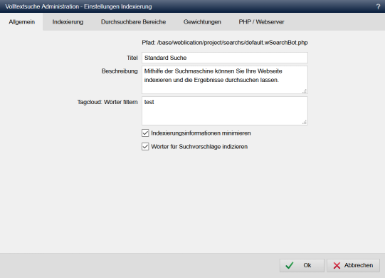 Volltextsuche - Einstellungen Indexierung (Allgemein)