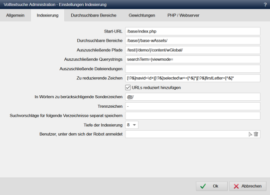 Volltextsuche - Einstellungen Indexierung (Indexierung)