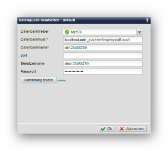Datenquelle verknüpfen / bearbeiten (mit Socket-Angabe, z.B. bei 1und1 erforderlich)