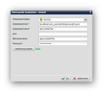 Datenquelle verknüpfen / bearbeiten (mit Socket-Angabe, z.B. bei 1und1 erforderlich)