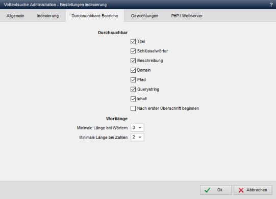 Volltextsuche - Einstellungen Indexierung (Durchsuchbare Bereiche)