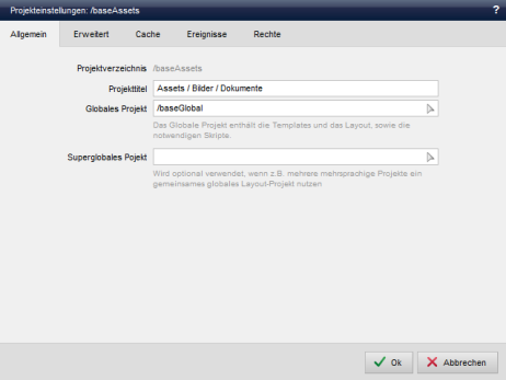 Assetsprojekt - Projekteinstellungen (Allgemein)
