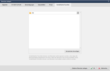 Pflegebenutzer bearbeiten - Vordefinierte Favoriten