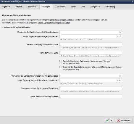 Verzeichniseinstellungen - Vorlagen für den Newsletter