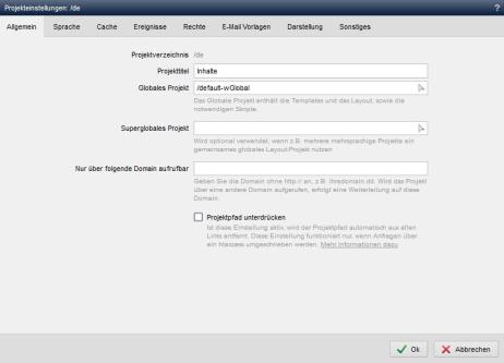 Inhaltsprojekt - Projekteinstellungen (Allgemein)