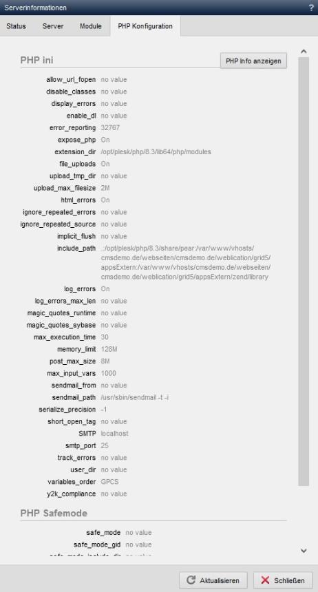 System - Serverinformationen (PHP Konfiguration)