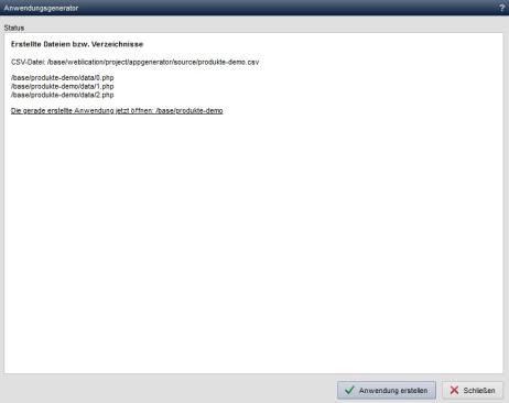 Anwendungsgenerator - Anwendung erstellt