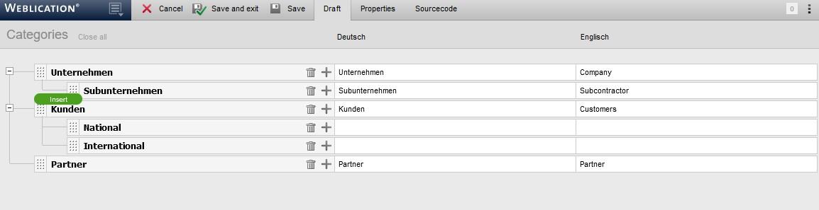 Inserting a category entry at the same level