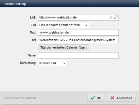 Linkbearbeitung über Pflegetag für Links