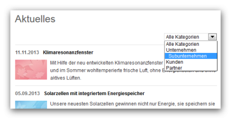 Listen mit Auswahlbox für Kategorienfilter