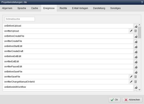 Inhaltsprojekt - Projekteinstellungen (Ereignisse)