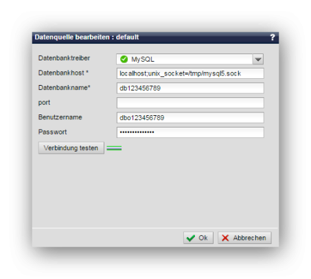 Datenquelle verknüpfen / bearbeiten (mit Socket-Angabe, z.B. bei 1und1 erforderlich)