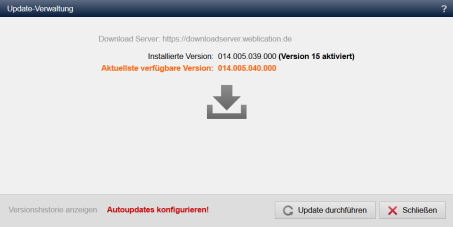 Update-Verwaltung - Aktuellste verfügbare Version (Version 15 aktiviert)
