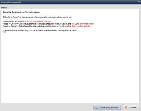 Anwendungsgenerator - Anwendung erneut erstellen