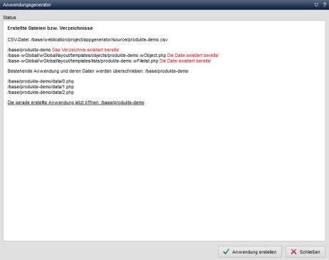 Anwendungsgenerator - bestehende Anwendung erneut erstellt